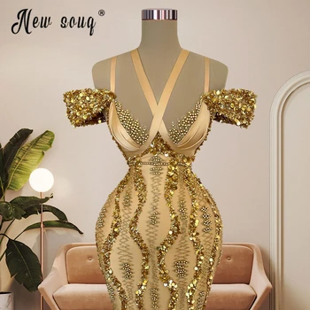Золотое коктейльное платье на бретельках, женское платье с открытыми плечами, Русалка, расшитое бисером, платья для выпускного вечера, праздничные платья с пайетками 2023 года, большие размеры