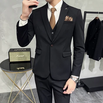 Новый деловой мужской костюм (костюм + жилет + брюки), Модная и красивая корейская версия, приталенный костюм-тройка, однотонный свадебный S-7XL