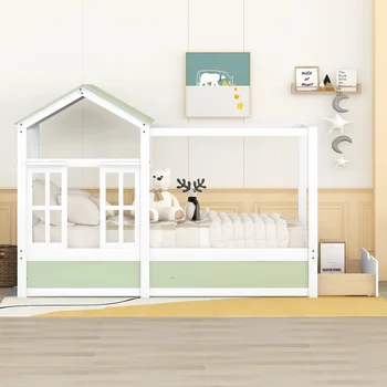 Двуспальная кровать с крышей, окном и выдвижным ящиком - Зеленый + белый