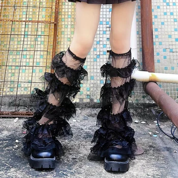 Женская грелка для ног Y2K, расшитая звездами и Луной, кружевная лоскутная накидка на икры, прозрачные носки, носки для ботинок для вечеринки