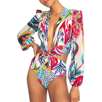 Летний женский купальник, пляжная одежда с длинными рукавами, цельный гидрокостюм с глубоким V-образным вырезом и высокой талией, сексуальное бикини с открытой спиной, водолазный костюм 2023