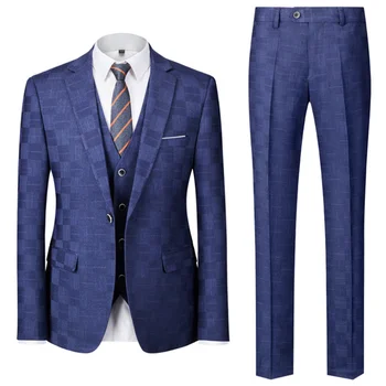 Lansboter Синий мужской костюм из 3 предметов в деловую повседневную клетку, приталенный для свадебного банкета, офисной работы, Смокинги, комплект, куртка, жилет, Брюки