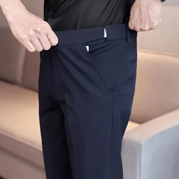 Мужские тонкие деловые однотонные облегающие повседневные официальные офисные брюки, мужские летние стрейчевые костюмные брюки длиной до щиколотки, большие размеры 28-36