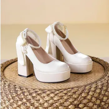 2024 Новые женские удобные туфли Мэри Джейн на высоком каблуке для вечеринки и свадьбы Бело-красные туфли-лодочки принцессы Лолиты с оборками и бантом, размер 34-40