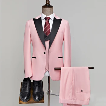 Новый Мужской комплект розовых Небесно-голубых темно-синих мужских костюмов цвета хаки для свадьбы, Смокинг жениха, Формальный Черный блейзер, жилет, брюки 3шт.