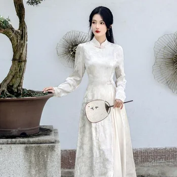 Жаккардовое Женское Вьетнамское Платье Ao Dai Improve Традиционное Китайское Вечернее Платье Чонсам Белого Цвета С Длинным Рукавом Женское Элегантное Платье Ципао