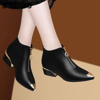Черные ботинки Челси, женская обувь из искусственной кожи с острым носком, модные туфли-лодочки в британском стиле на толстом каблуке 3 см, осень-зима