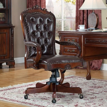 Подъемное кресло из натуральной кожи в американском стиле, Поворотное, из массива дерева, Винтажное компьютерное кресло, Регулируемые Офисные стулья, Мебель для дома