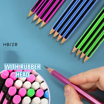 12 шт. / лот, ручка для рисования 2B для учащихся начальной школы, Шестиугольная Детская HB для письменного экзамена резиновым карандашом