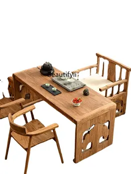 Сочетание чайного столика и стула Old Elm в китайском стиле, Стойкая к атмосферным воздействиям Дверная панель, Настольный Чайный столик, чайный столик из массива дерева