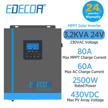 EDECOA 2500 Вт 24 В Солнечный Гибридный Инвертор 220 В 3.2 КВА MPPT 80A 90-430 В Постоянного Тока Контроллер Солнечного Зарядного Устройства Чистая Синусоидальная Волна Автономный Преобразователь