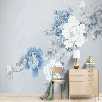 Новые обои в китайском стиле для гостиной, обои с пионами, цветы, цветущие на синем фоне телевизора, обои для домашнего декора